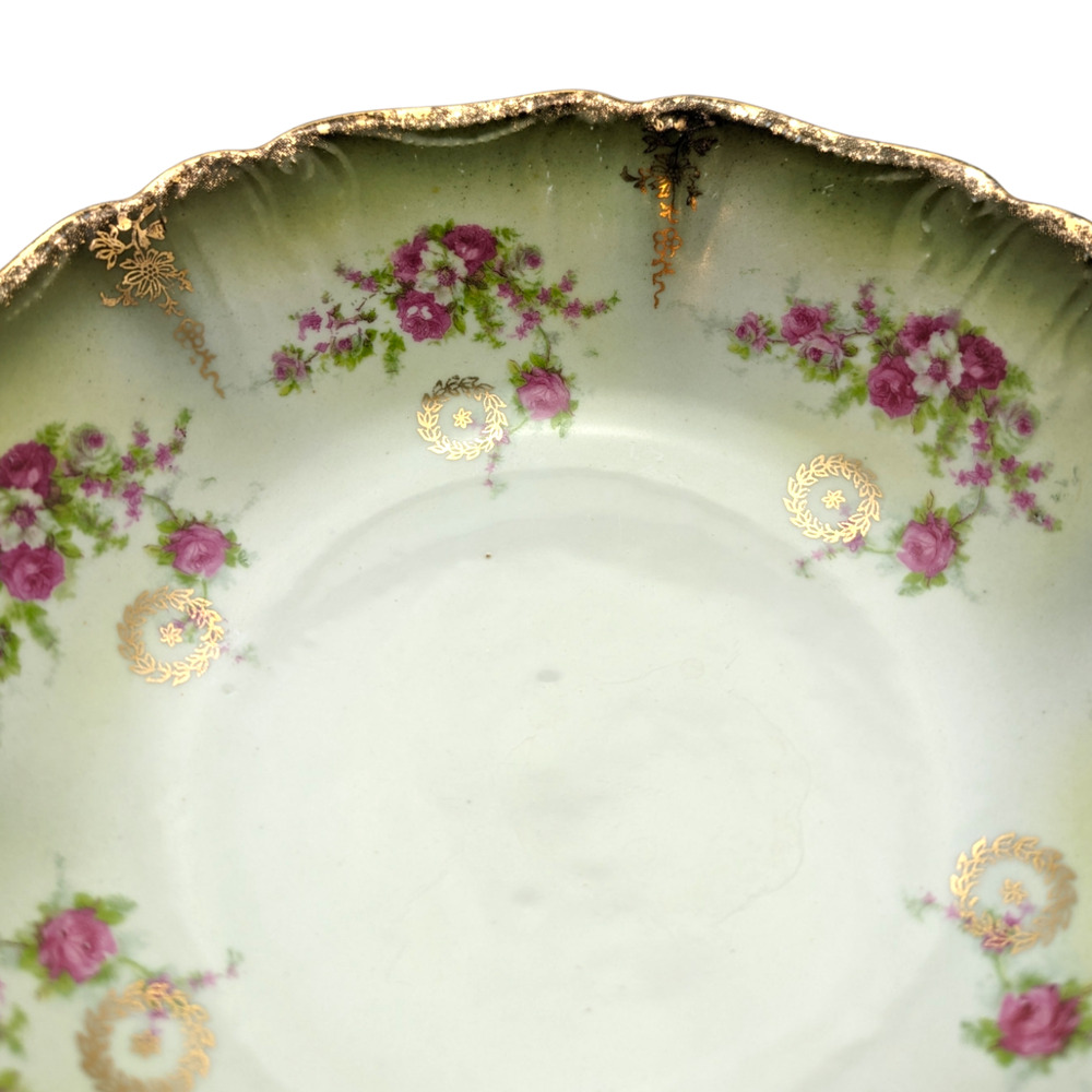 Vintage Serving Bowl Made In Germany Green Hand Painted Pink Roses Gold Gilded - Picture 9 of 12
